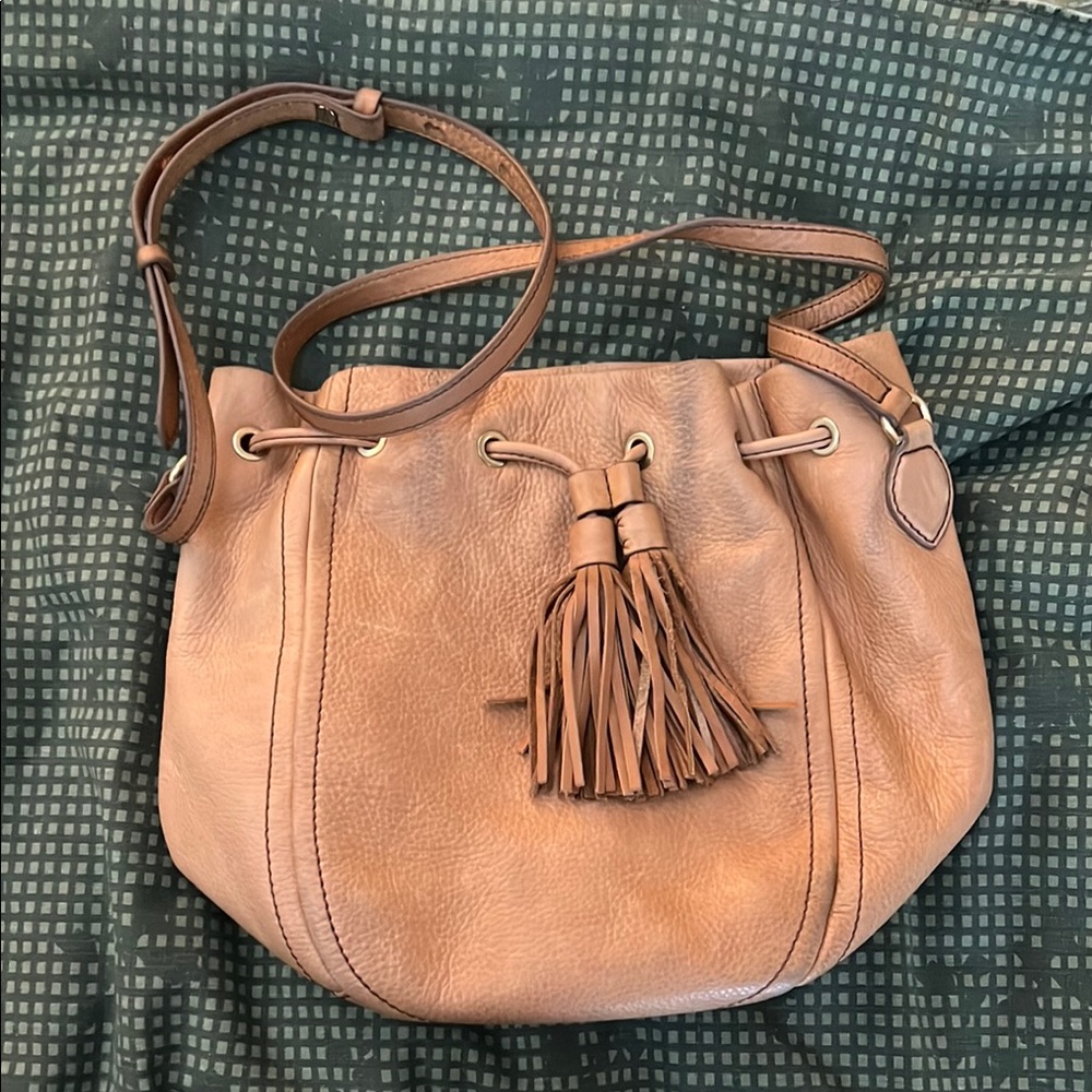 J Crew Tan Leather Tassel Bucket Bag